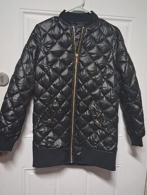Black Quilted Bomber Jacket with Gold Zipper